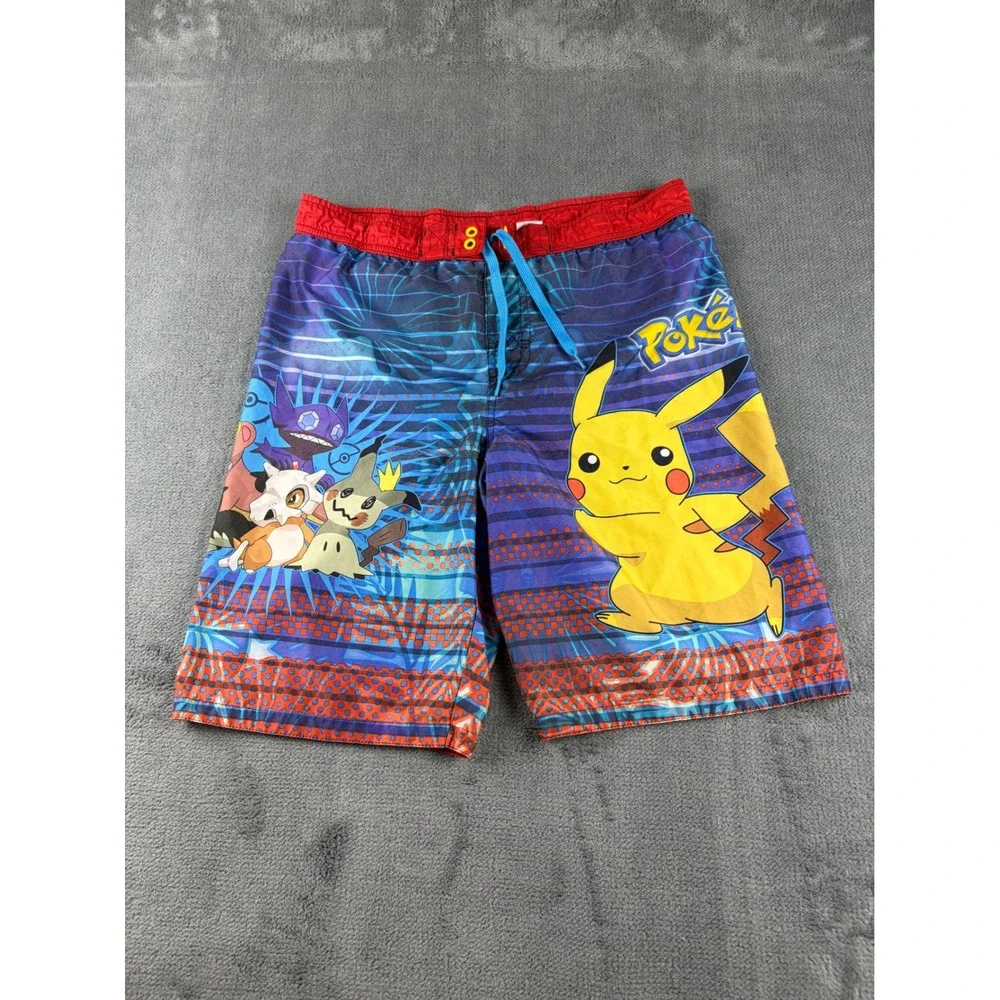 Pokemon Kids Swim Trunks Pikachu Mimikyu Cubone Board Shorts Blue Red Size 14/16